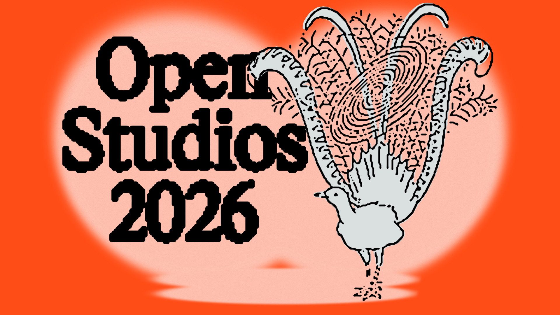 Poster: the words Open Studios 2026 in black bitmap lettering beside a pale grey drawing of a lyrebird, on an orange ground with a soft pink glow
